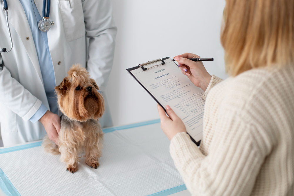 Médica realizando exames veterinários no pet